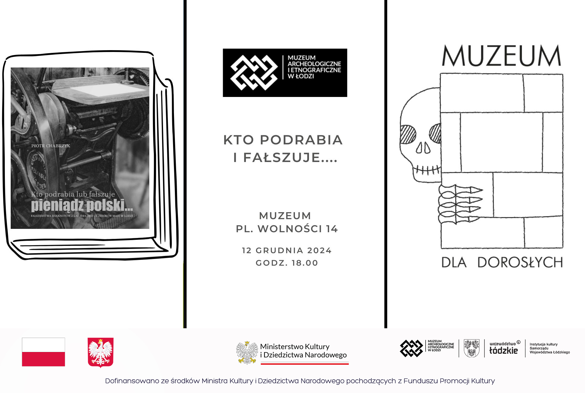 po lewej czarno-biała książka po prawej czarno-biała grafika z czaszką chowającą się za murem i napisem Muzeum dla dorosłych