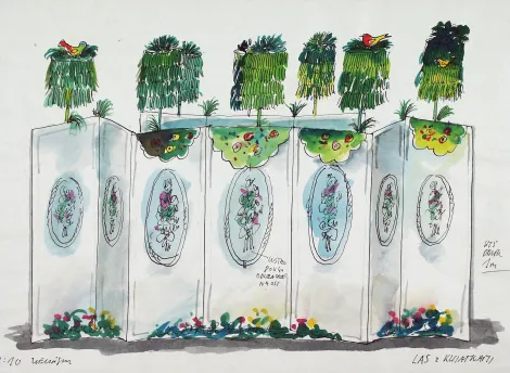 Projekt do spektaklu „Królewna Śnieżka” w scenografii Jana Zielińskiego.  Projekt zatytułowany „Las z Kwiatkami” przedstawiający parawan. Siedem załamanych części parawanu, na każdej z części namalowane różnej wielkości owalne lustra, w środku nich namalowane nieregularne kształty sugerujące bukiety kwiatów. Na górze parawanu namalowane dekoracje przypominające drzewa, na trzech z nich namalowane ptaki. Na górnej krawędzi 3, 4, 5, 7 części parawanu namalowane nieregularne owalne kształty w kolorze zielonym 
