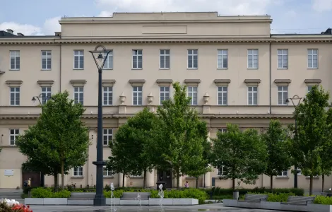 budynek frontowy Muzeum widziany z poziomu placu Wolności, budynek posiada 4 kondygnacje, na każdej liczne białe okna w układzie symetrycznym, wejście w centralnym punkcie budynku przez drewniane, ciemnobrązowe drzwi w pobliżu których znajdują się 4 kolumny sięgające stropu drugiej kondygnacji. Budynek częściowo zasłonięty przez rosnące na placu Wolności drzewa
